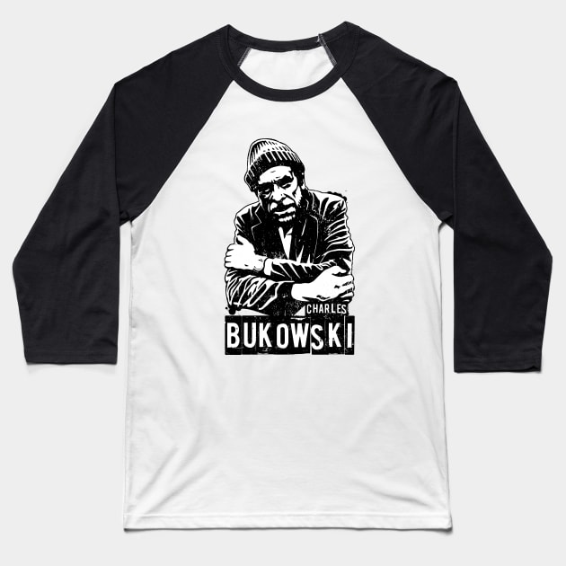 Charles Bukowski Stencil Portrait Baseball T-Shirt by CultureClashClothing